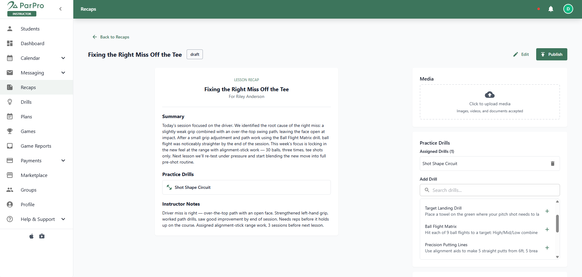 ParPro lesson recap editor with session summary, assigned practice drills, and instructor notes