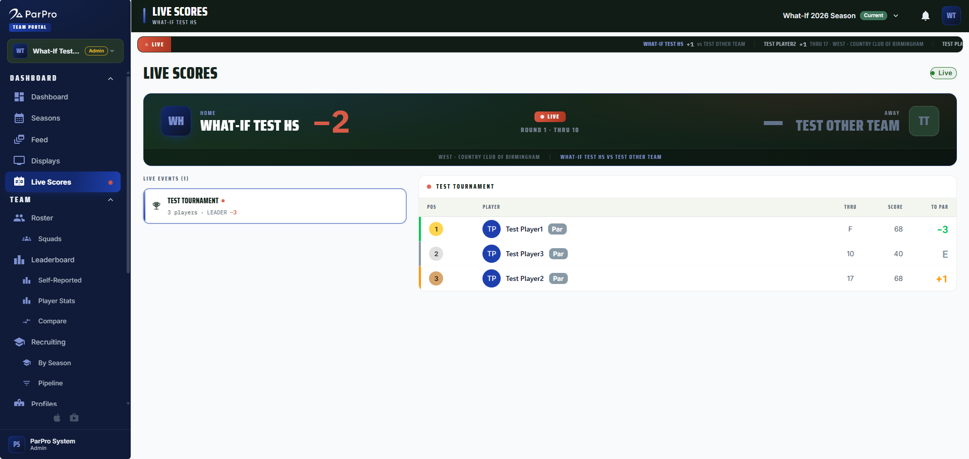 Live team scoring view updating hole by hole during a match