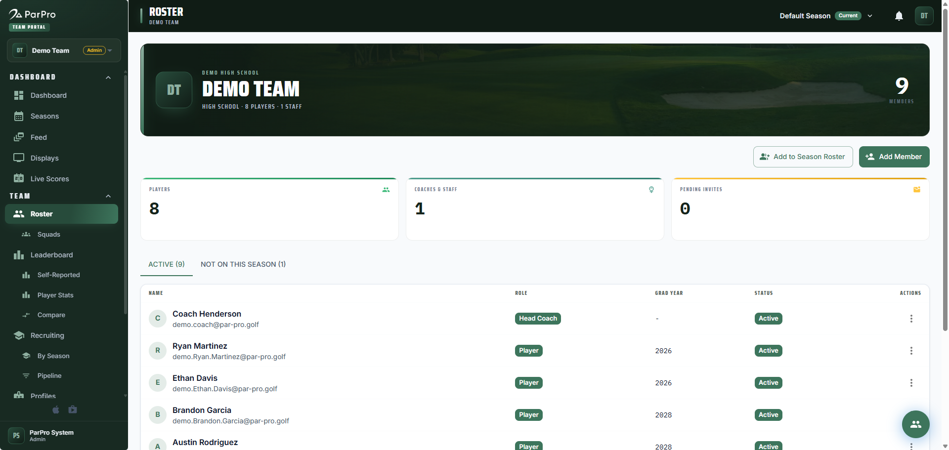 Team roster page with player roles, squads, and season assignment